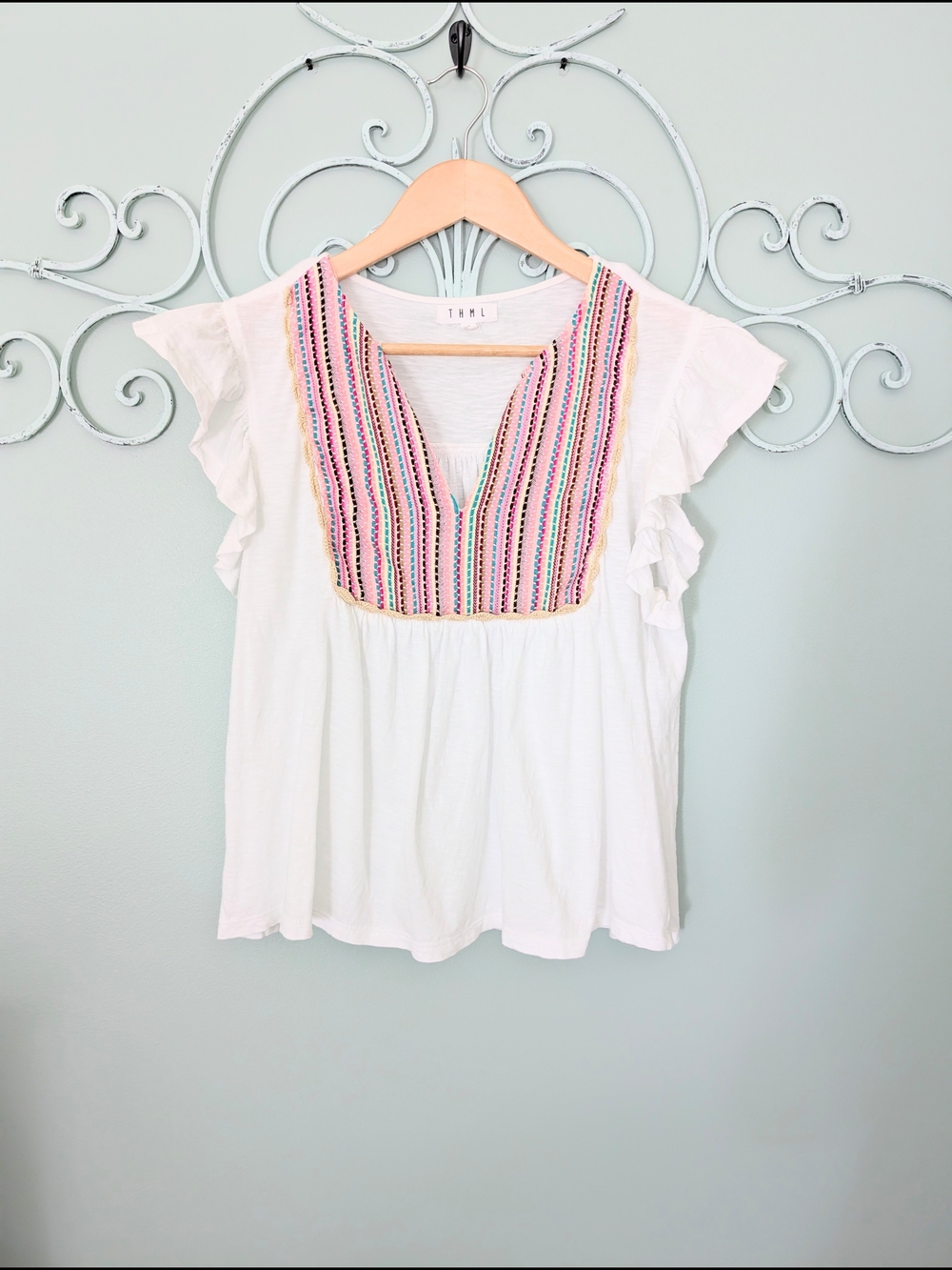 THML White Embroidered V-Neck Flutter Sleeve Top